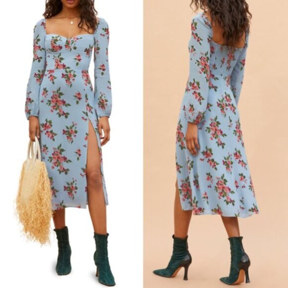 Reformation Shelby Floral Midi Dress in Giulia (Blue) 10 - Picture 5 of 9
